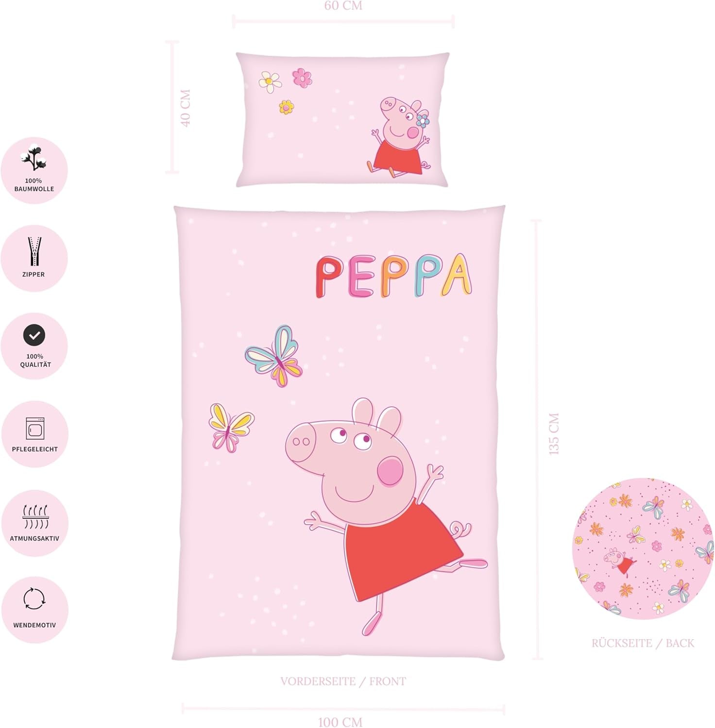 Peppa Pig børnesengesæt, 100 x 135 cm og 40 x 60 cm, bomuld Sengetøj - børn Naty Shop