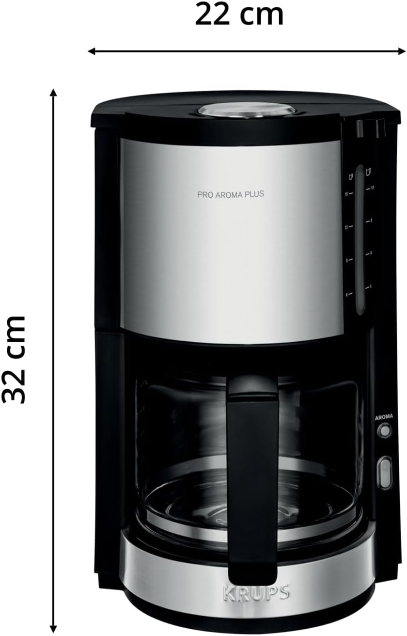 Krups KM3210 Pro Aroma Plus Espressomaskine, 10 kopper, 1,25 L, Hold varm i 30 minutter, Synligt vandstandsvindue, Anti-drypsystem, Sort med anvendelser i rustfrit stål