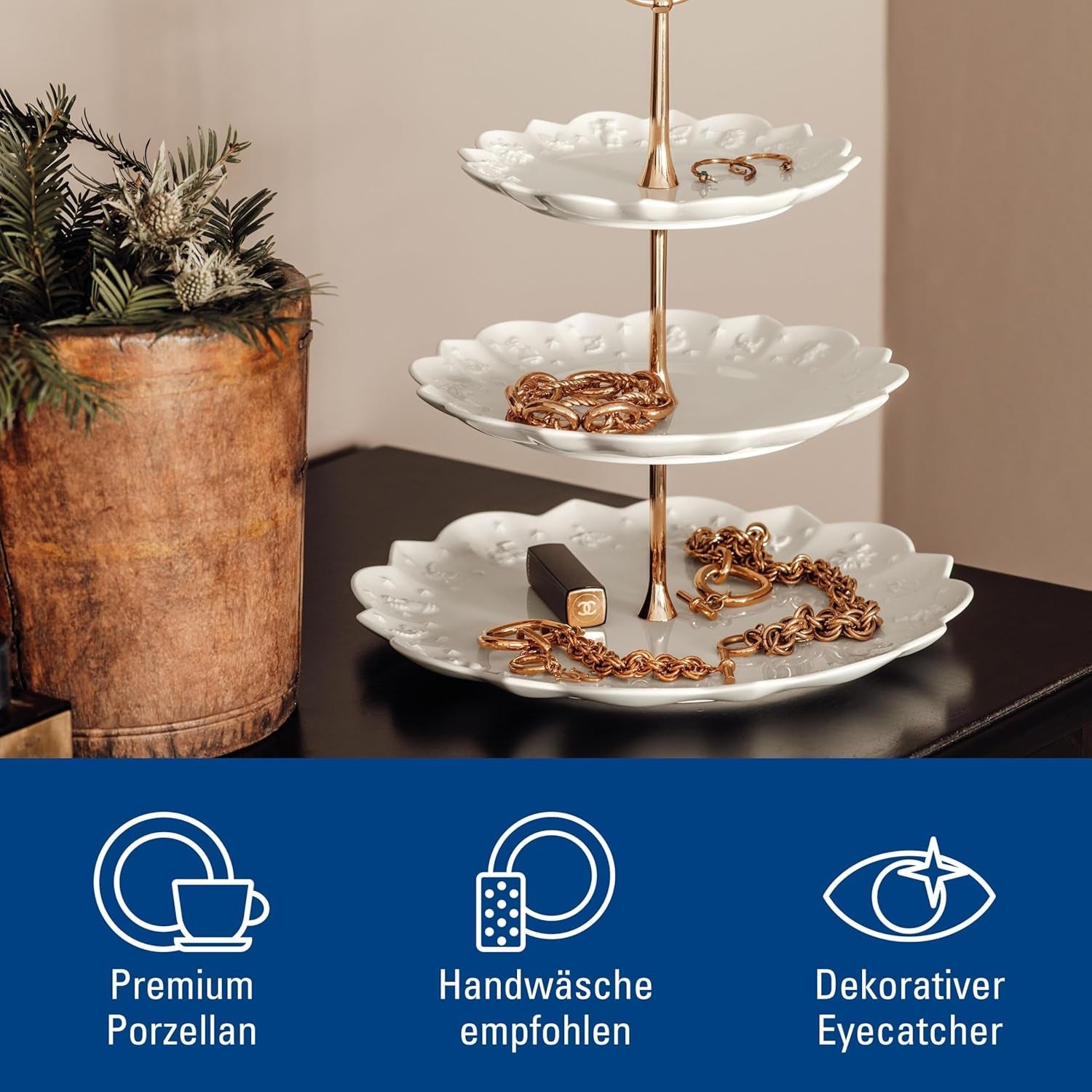 Villeroy & Boch Toys Delight Royal Classic hylde, dekorativt udstillingsstander i flere niveauer til småkager, kager og små kagestykker, premium porcelæn, hvid