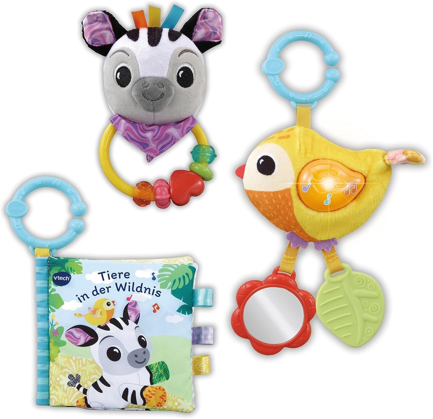 VTech Baby - Baby's Animal Friends Gavesæt - Stofbog, Singing Bird og Zebra Rangle Legetøjssæt - I 0-24 måneder Babylegetøj Naty Shop Standardtitel