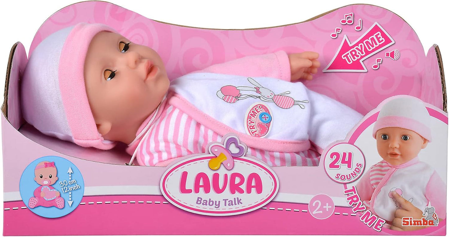 Simba 105140020 - My Love Baby Talk, blød kropsdukke med søvnige øjne i en sød jumpsuit, laver 24 babylyde, 30 cm, dukke til børn fra 2 år