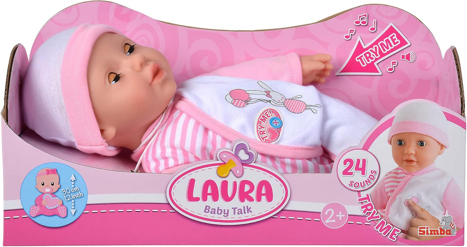 Simba 105140020 - My Love Baby Talk, blød kropsdukke med søvnige øjne i en sød jumpsuit, laver 24 babylyde, 30 cm, dukke til børn fra 2 år