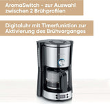 SEVERIN "TypeSwitch" espressomaskine med glaskaraffel og timer, AromaSwitch til valg af 2 bryggemuligheder, digitalt ur med timerfunktion, til op til 10 kopper, 1000W, børstet rustfrit stål-sort, KA 4826