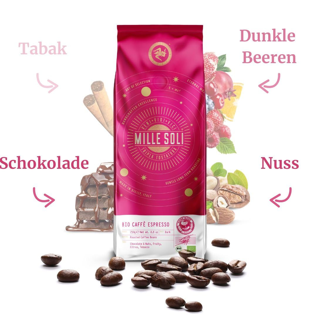 Caffè Økologiske espressobønner 250 g - 100 % økologiske - Ristet på Sicilien - Århundreder gammel håndlavet ristemetode - Premium espressobønner til fuldautomatiske maskiner og portafilter