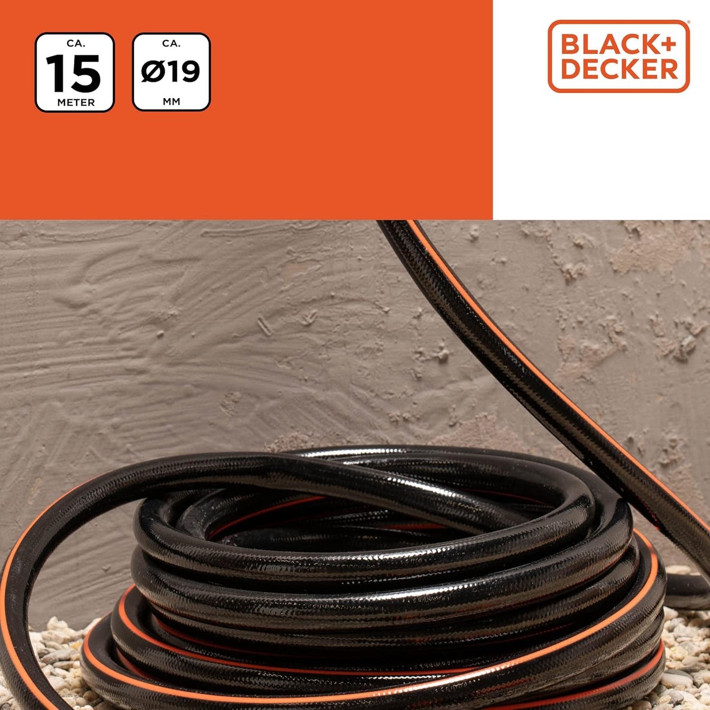 BLACK+DECKER Haveslange 15 meter - Ø19MM - Holdbar PVC - Vanding af haven, vask af bilen, fylde poolen - Kompatibel med enhver standard vandhane - Sort/Orange