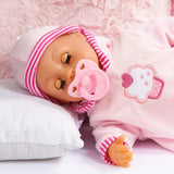 First Words dukke med søvnige øjne, taler 24 babylyde, med dukke og flaske, 38 cm, pink/striber Naty Shop Dolls