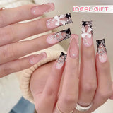 24 stk mellemlængde Rhinestone Pink Square Pearl Glitter 3D falske negle til kvinder piger
