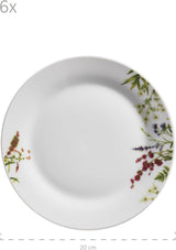 Mäser Urtehave 4-personers 18-delt blomster-detaljeret porcelænssæt inklusive middagstallerkener, suppetallerkener og desserttallerkener, porcelæn, hvid