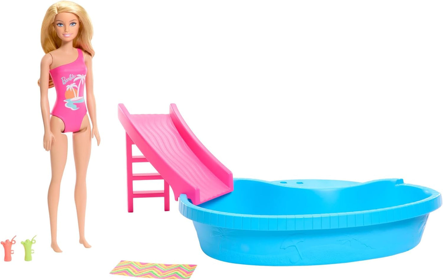 Barbie dukke og tilbehør - pool med rutsjebane og tilbehør til timevis af sjov i solen, pink badedragt med tropisk design, til børn fra 3 år og opefter, HRJ74 Naty Shop Dollhouses Standard titel