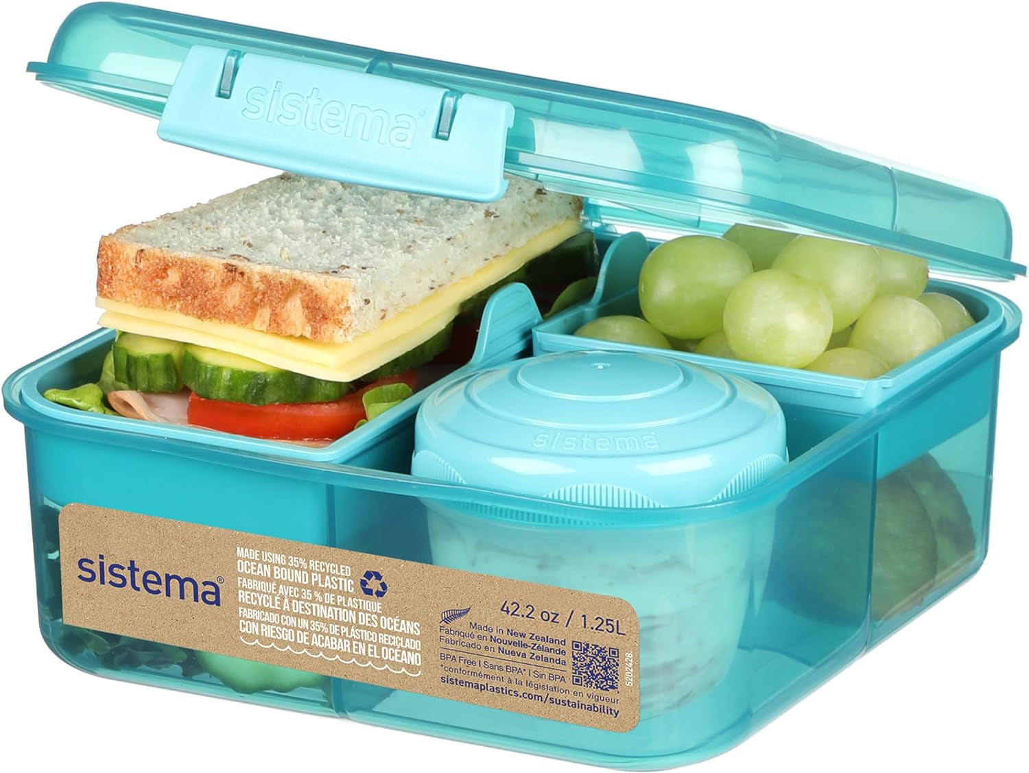 Bento Box TO GO madkassesystem med rum | 1,25 L madpakke med yoghurt/frugtbeholder | for børn og voksne l | BPA-fri Minty Teal [21685-8T], mintgrøn Fødevarekasser Naty Shop Mintgrøn (genbrugsplastik) 1,25 L