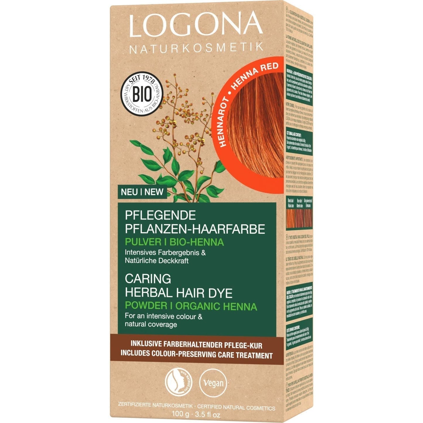 LOGONA Natural Cosmetics Urteplejende hårfarve, økologisk hennapulver Vegansk hårfarve for intens farve og glans, urtefarve i kobberblond (blond), 1 x 100 g Naty Shop Red Henna-hårfarve 100G (1 pakke)