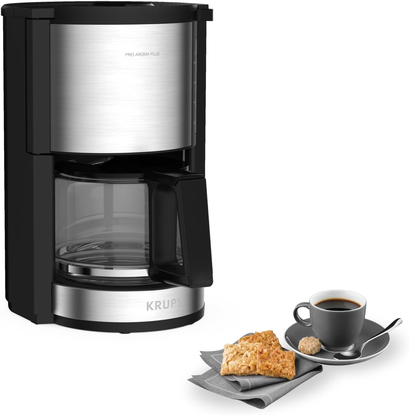 Krups KM3210 Pro Aroma Plus Espressomaskine, 10 kopper, 1,25 L, Hold varm i 30 minutter, Synligt vandstandsvindue, Anti-drypsystem, Sort med anvendelser i rustfrit stål