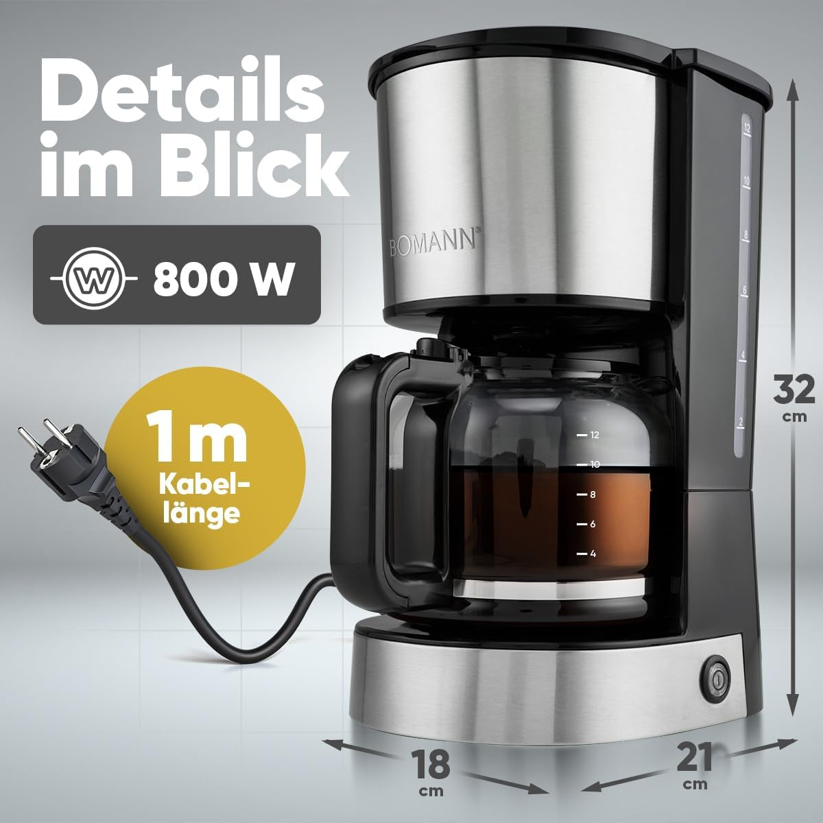 Espresso kaffemaskine med Bomann® filter | til 12-14 kopper | Kaffe espressomaskine med filter | Rustfri stålkasse | Anti-dryp | Espresso | Kaffe espressomaskine med filter | 800W | KA 6071 CB