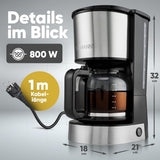 Espresso kaffemaskine med Bomann® filter | til 12-14 kopper | Kaffe espressomaskine med filter | Rustfri stålkasse | Anti-dryp | Espresso | Kaffe espressomaskine med filter | 800W | KA 6071 CB