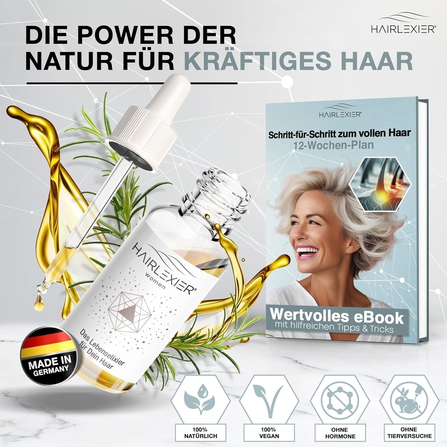 Hairlexier-hårvækstmiddel til kvinder - rosmarin-hårolie, ricinusolie-hårolie, lavendelolie, naturligt hårserum mod diffust hårtab, understøtter hårvækst, vegansk og økologisk + arbejdsbog Hårpleje Naty Shop