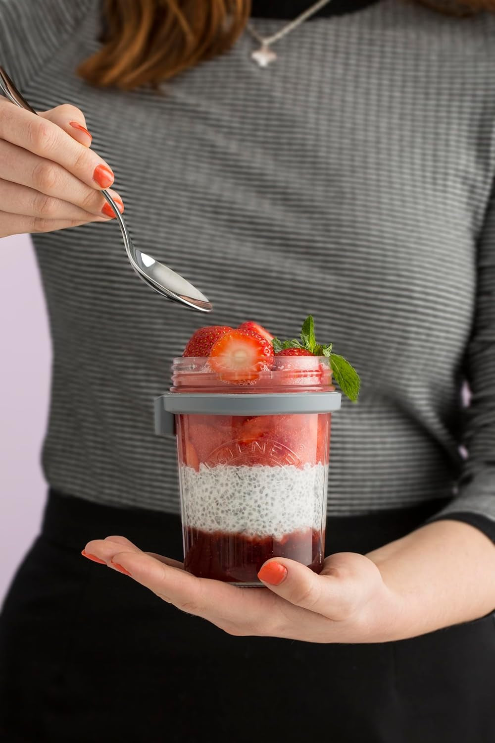 Kilner morgenmadskrukke med ske / 350 ml, Ø 9,5 cm / 5 stk | takeaway müsli kop / giftfri / glasbeholder med låg til müsli, grød og yoghurt / overnight havre beholder Naty Shop Food Opbevaringsbokse