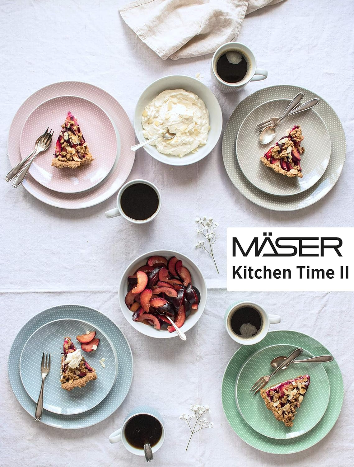 MÄSER Kitchen Time II, Servicesæt til 4, Kombinationsservice med 16 stykker i pastelfarver med diskret mønster, Porcelæn, Pink
