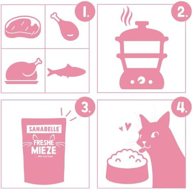 Sanabelle Freshe Mieze - Mixtray | 10 x 100g Mixpack | 4 lækre varianter af kattefoder at prøve | Dampet våd kattefoder, ligesom friskkogt