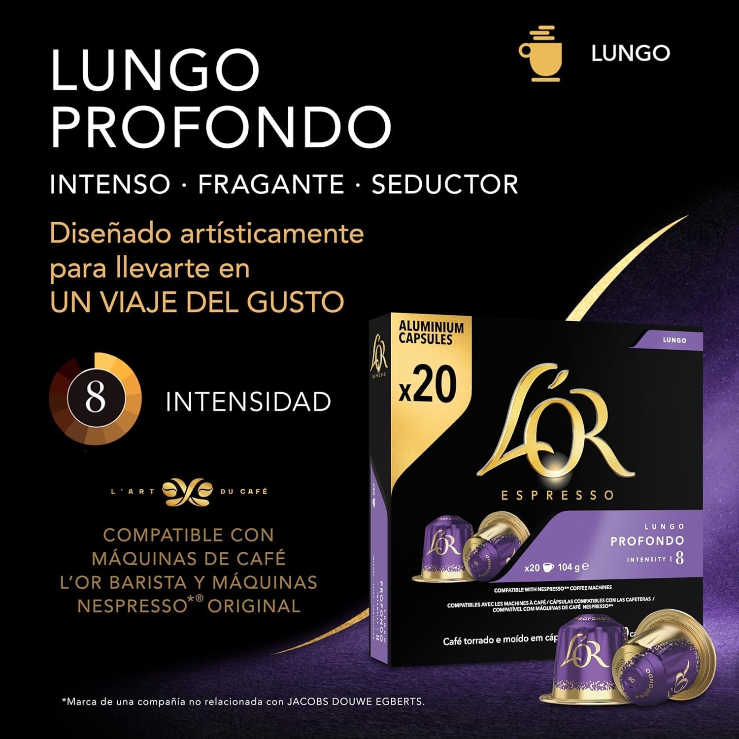L'OR Espresso Koffiekopper Lungo Profondo (200 Lungo Koffie Kapsler, Gesicht voor Nespresso* Koffiemaskiner, Intensitet 08/12, 100% Arabica Koffie, UTZ Gecertificeerd), 10 x 20 kopper
