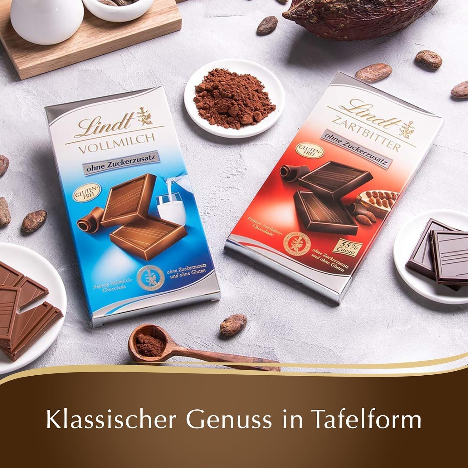 Mørk chokolade uden tilsat sukker | Tablet 100g | Den fineste med 55% kakao, glutenfri | Chokoladebar | Chokoladegavesæt (pakke med 4)