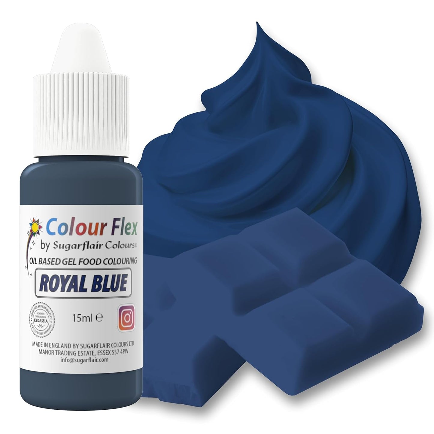 Sugarflair Colourflex oliebaseret fødevarefarve, kongeblå, højkoncentreret flydende fødevarefarve, madfarve til smørcreme, chokolade, dej, fondant, glasur og mere - 15 ml
