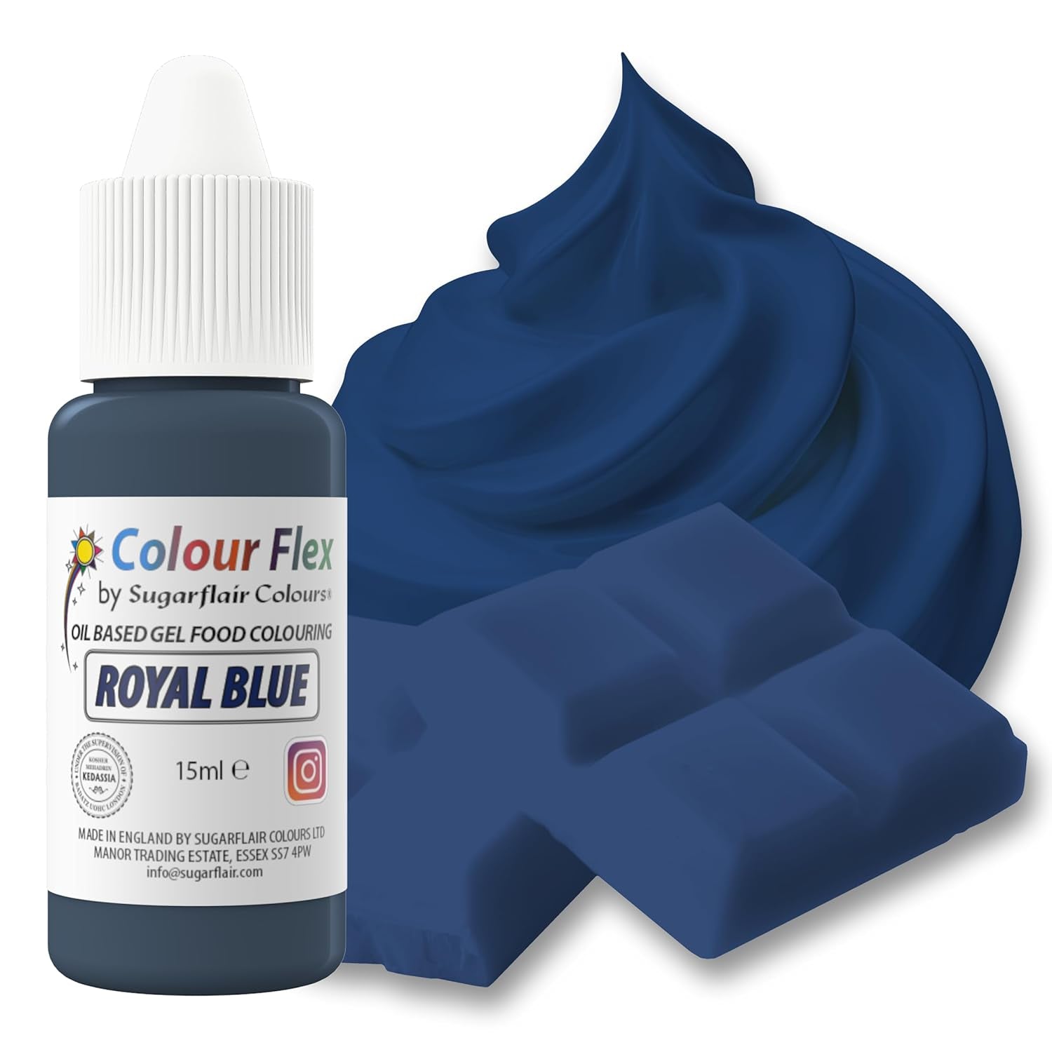 Sugarflair Colourflex oliebaseret fødevarefarve, kongeblå, højkoncentreret flydende fødevarefarve, madfarve til smørcreme, chokolade, dej, fondant, glasur og mere - 15 ml