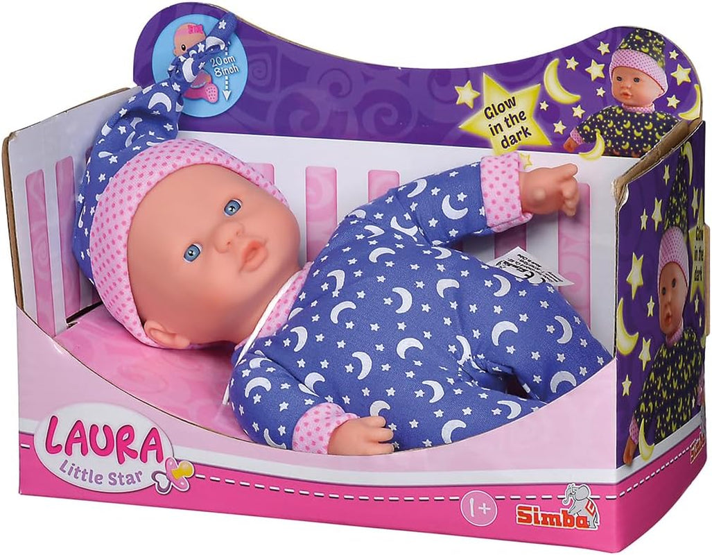 Simba 105010010 - Laura Little Star Soft Body Doll i sød kjole og hat med gnistrende måner og stjerner 20 cm Glow in the Dark Dukke i 12 måneder+ Blue Dolls Naty Shop