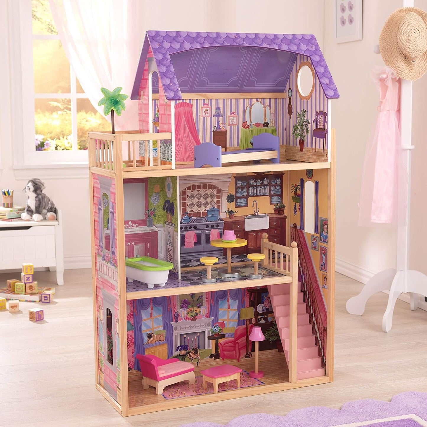 KidKraft Kayla trædukkehus med møbler og tilbehør, 3-lags legesæt til 30 cm dukke, legetøj fra 3 år og opefter, 65092 - eksklusivt på Amazon