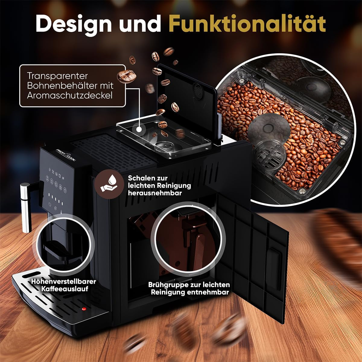 Fuldautomatisk ProfiCook® espressomaskine med mælkeskummer til cappuccino | Konisk kværn | med kopvarmefunktion | Italiensk professionel pumpe | Touchskærm | Espresso | PC KAV 1281
