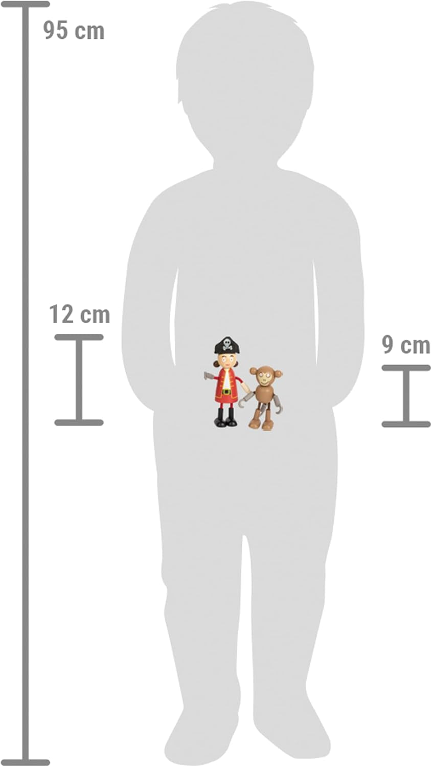 Små fods fleksible piratdukker i træ, 5 pirater og 1 abe, detaljerede og fleksible, 3+, 12412