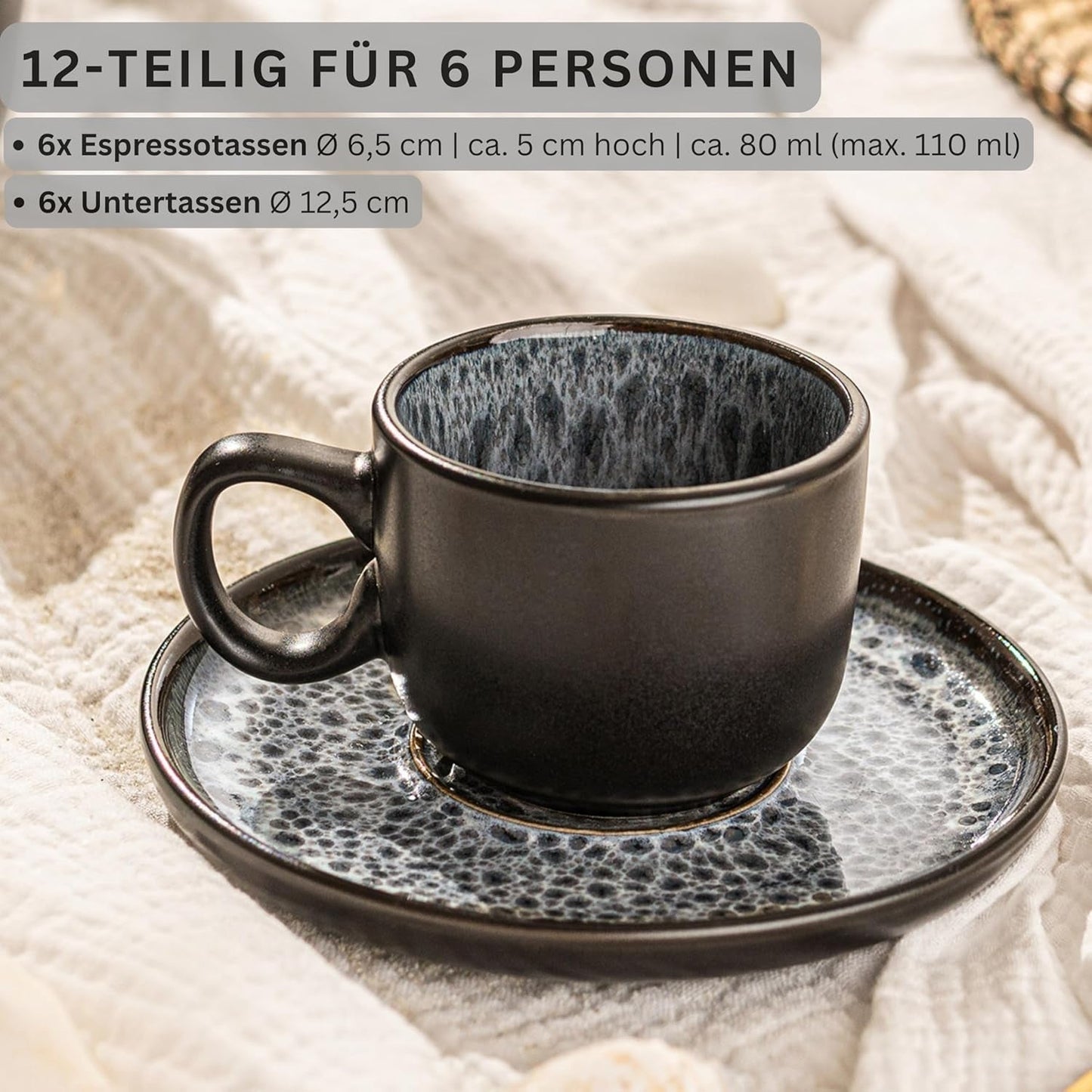 SANGER Sydney | Keramisk espressokopsæt med 12, mokkakopsæt til 6, kopper og underkopper, tåler opvaskemaskine og mikroovn, mørkegrå, 80 ml | VÆRDIINDSAMLING