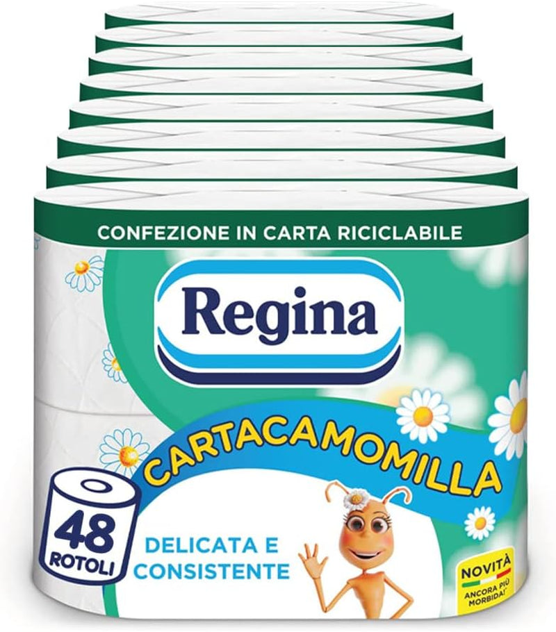 Regina Cartacamomilla - 8 ruller toiletpapir, 300 fluffy ark, 3-lags, blød og fast, genanvendelig papiremballage