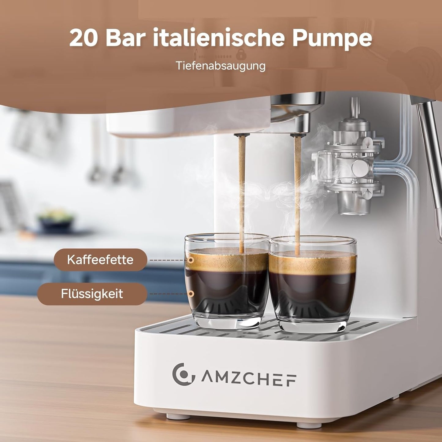 AMZCHEF 20 bar espressomaskine, LED-skærm, professionel mælkeskummer og damplanse i rustfrit stål, 1,5 l aftagelig tank, 1350 W hurtig opvarmning, hvid