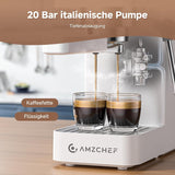 AMZCHEF 20 bar espressomaskine, LED-skærm, professionel mælkeskummer og damplanse i rustfrit stål, 1,5 l aftagelig tank, 1350 W hurtig opvarmning, hvid