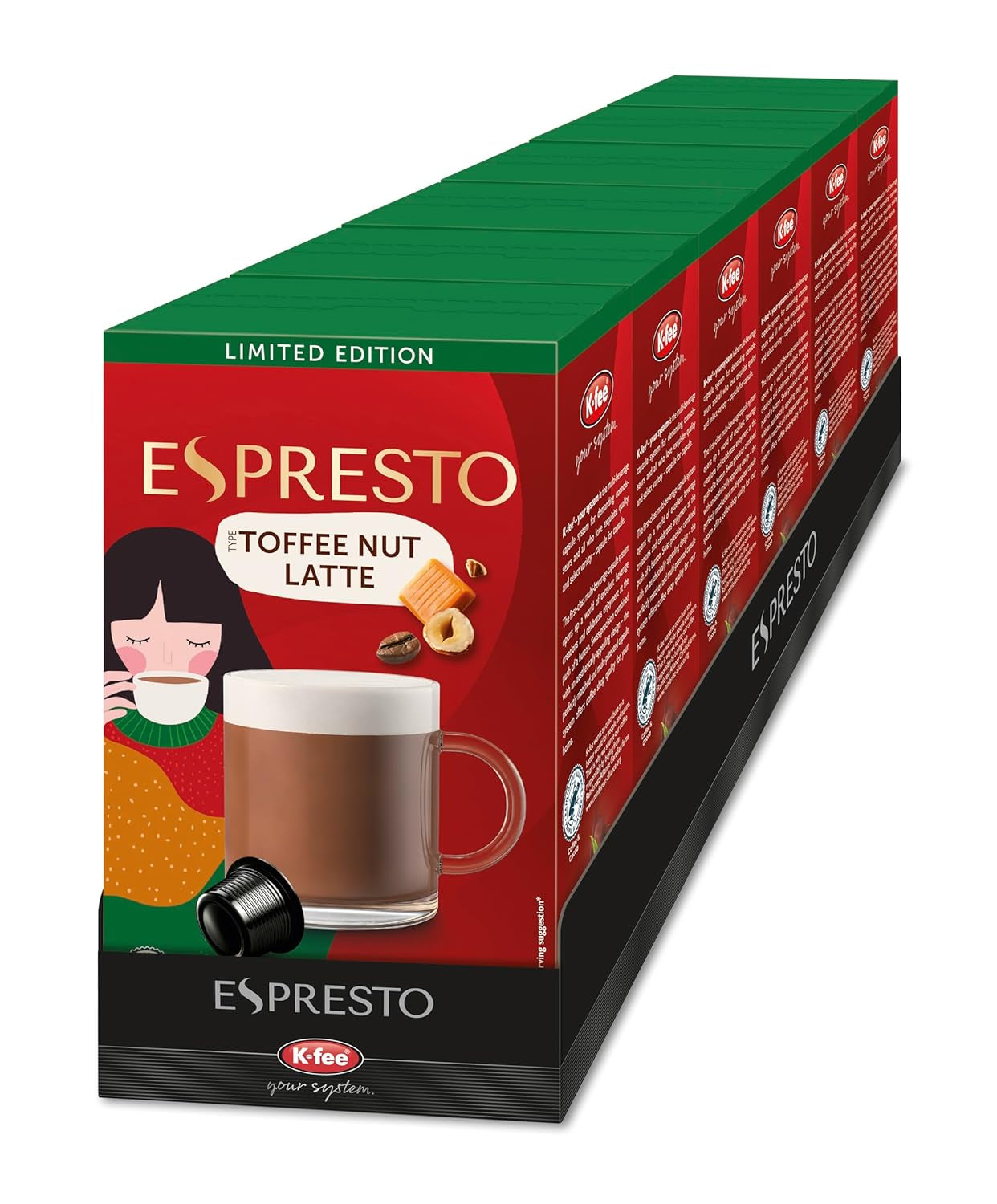 ESPRESTO Toffee Nut Latte, kompatibel med K-fee & ALDI EXPRESSI*, mælkekaffe med smag, RFA-certificeret, 96 kapsler