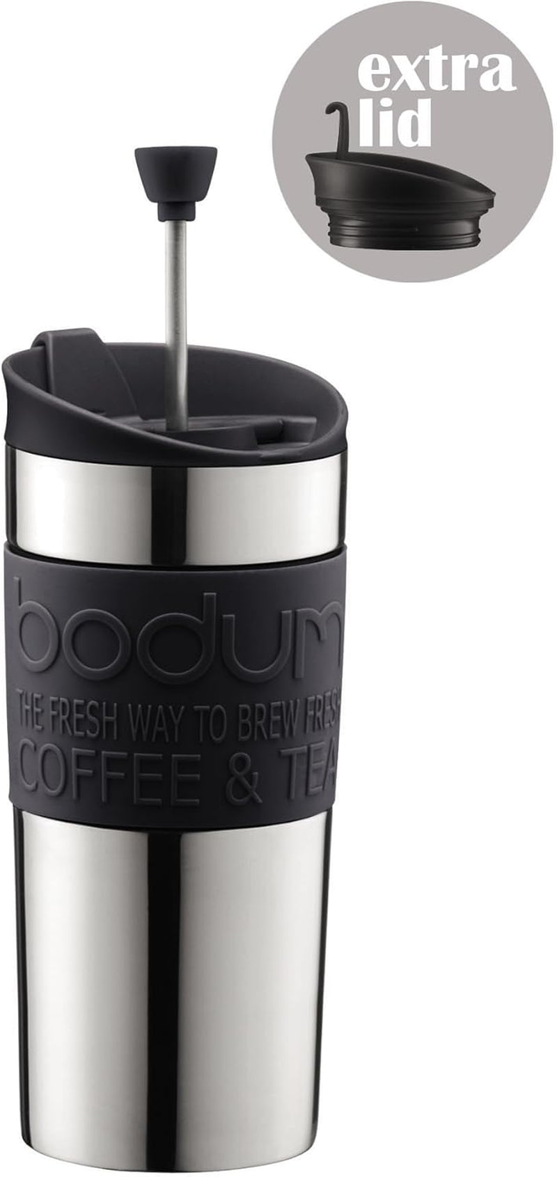 Bodum K11067-01 Travel Press Rustfrit stål sort kaffemaskine med erstatningslåg 350ml