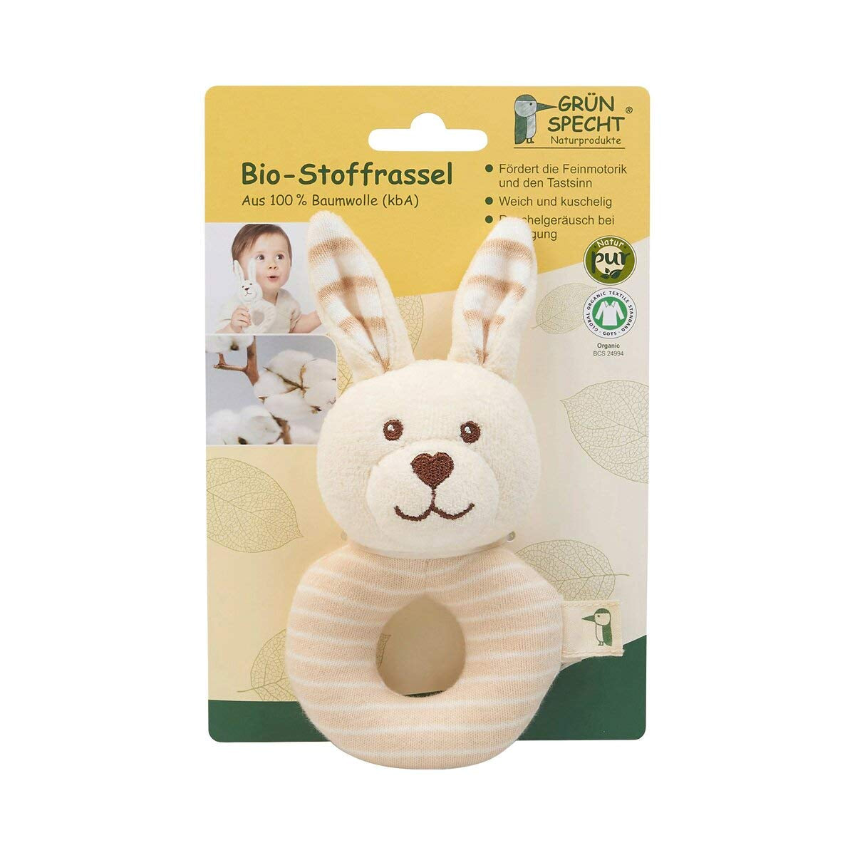 GRÜNSPECHT økologisk stof 100% økologisk bomuld, babylegetøj, blød kramme, fødselsdagsgave, dåb, baby shower, GOTS, beige (619-00) Bebe Toys Naty Shop