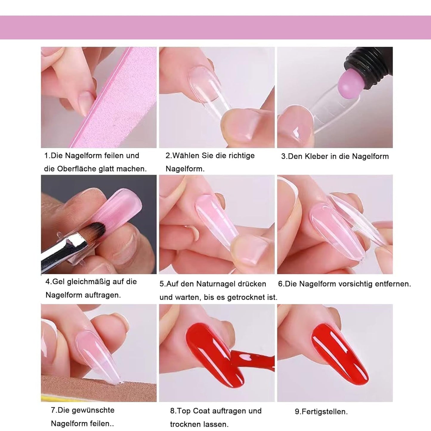 120 dobbelte negleformesæt, negleforlængelseskabeloner med pink dobbeltbørste, neglespidsklemme, tåseparator og neglefil til polygelnegle