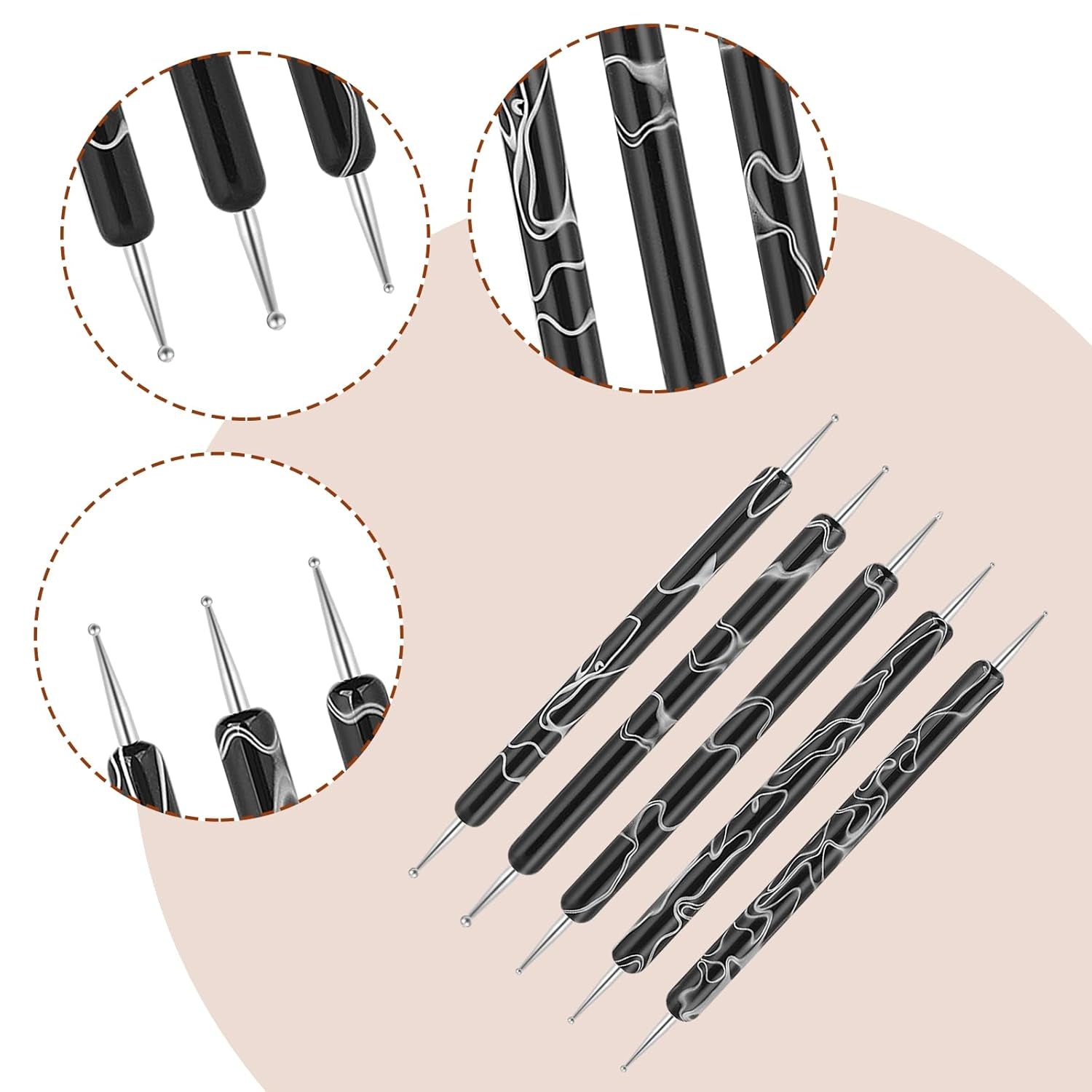 5 Stück Nail Design Dotting Tools Nagelkunst Werkzeug Nagelpunkt Pinsel Punktierung Stift Marbleizing Werkzeug Für Nagelack Maniküre, Schwarz