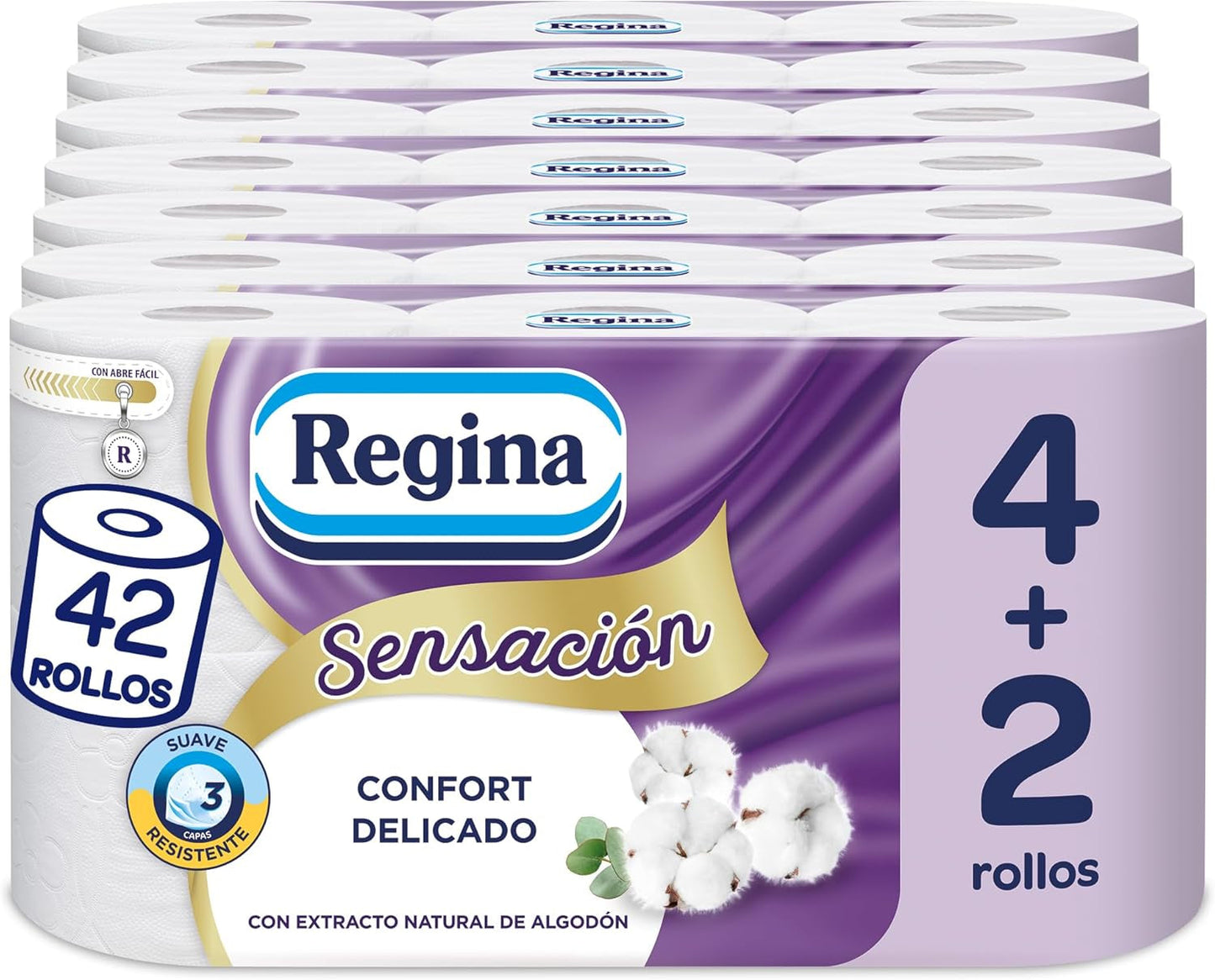 Regina Feeling - 42 ruller toiletpapir, 175 ark med tre lag, naturligt bomuldsekstrakt og delikat duft, 60% genbrugsplastikemballage, 100% Fsc-certificeret papir