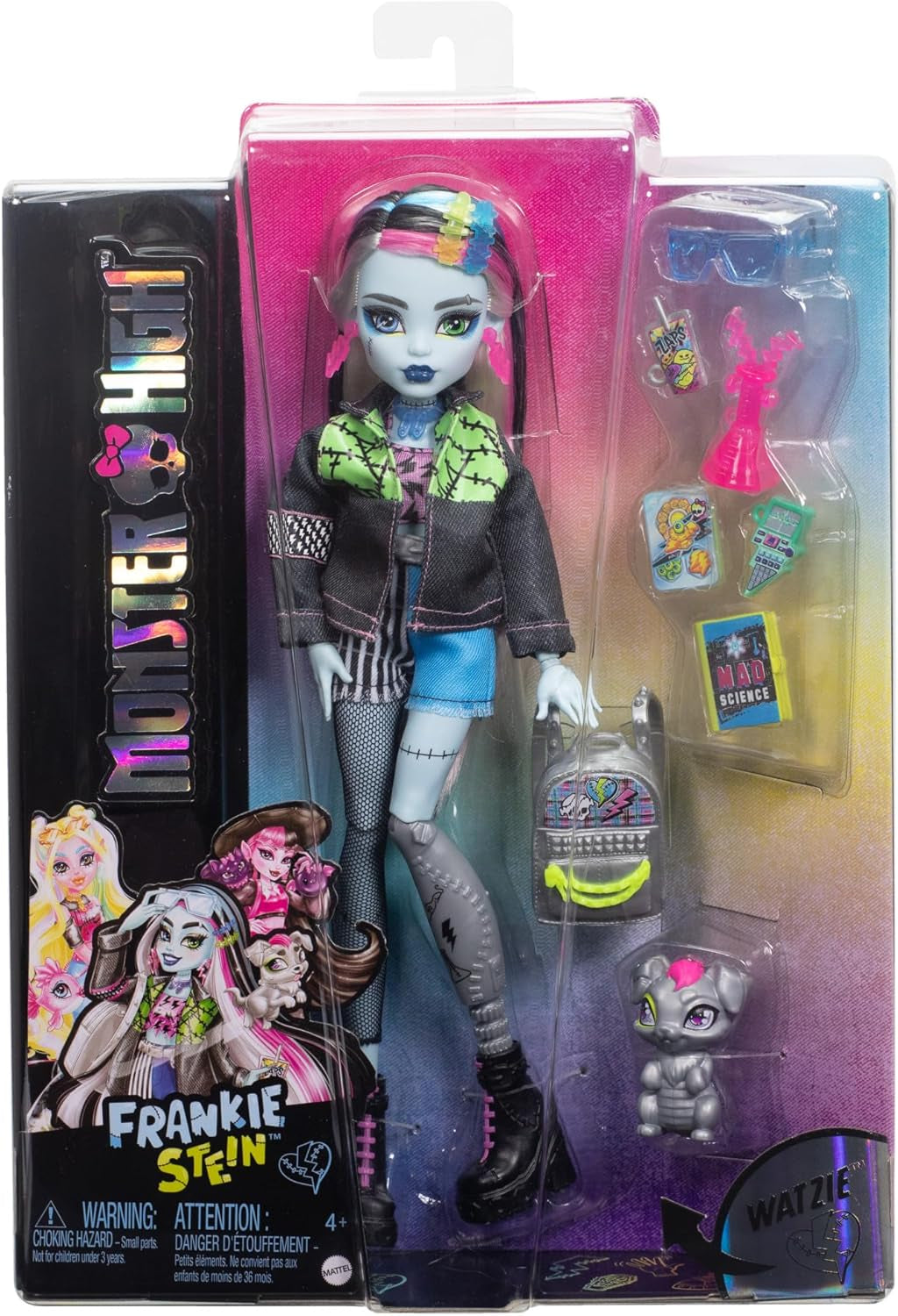 Monster High Frankie Stone Doll i denimjakke og shorts, Inkluderer Dog Watzie og tilbehør såsom rygsæk, snack og notesbog, HXH73 Naty Shop Dolls