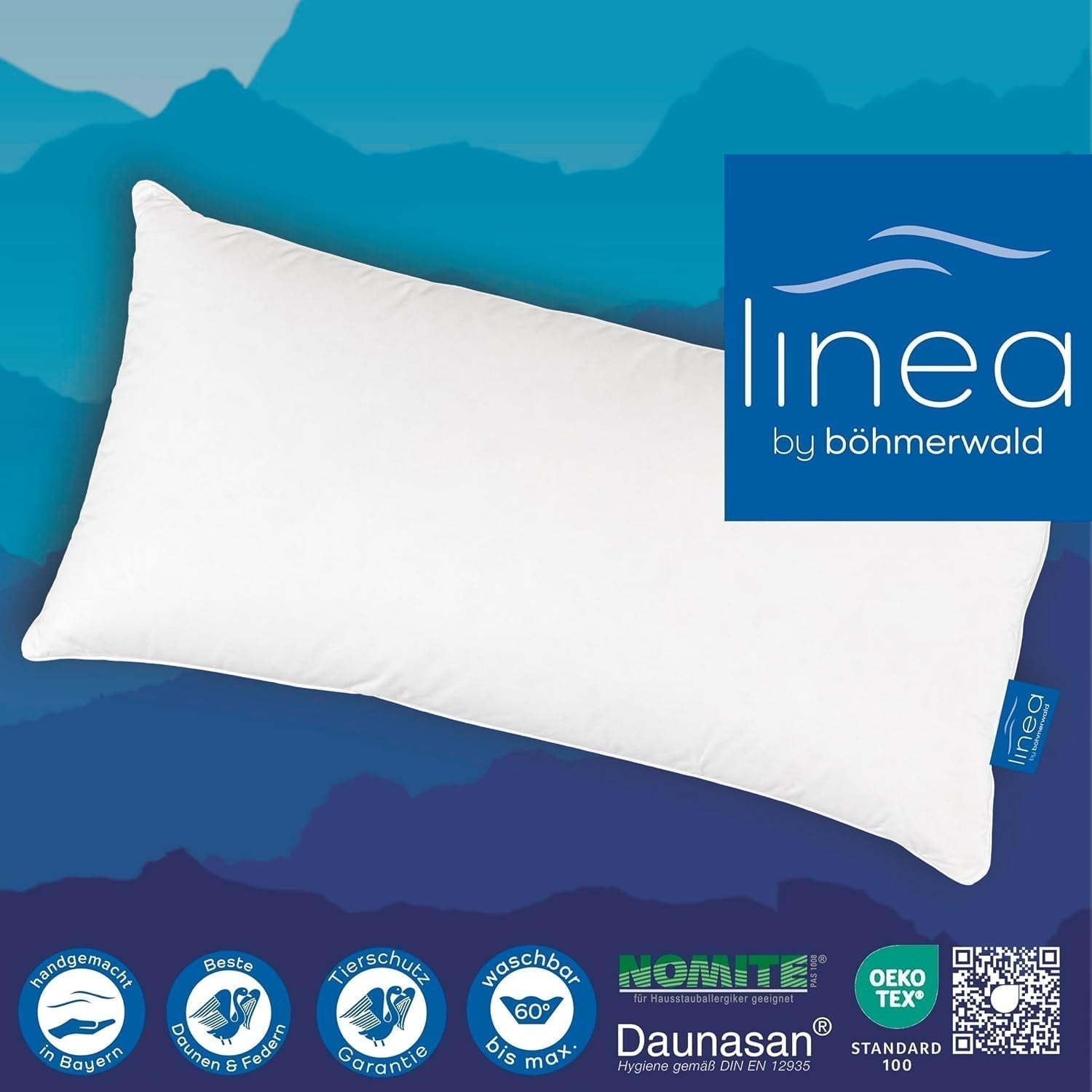 LINEA by Böhmerwald - Hyggelig - Højkvalitets balancepude, 40X80, 70% klasse 1 fjer, 30% ny dun, velegnet til allergi, vaskbar op til 60°C, fremstillet i Tyskland Naty Shop standard puder
