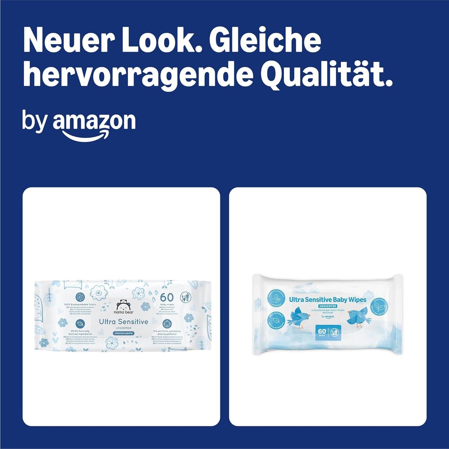 Amazon Ultra Sensitive babyservietter, 1080 servietter, uparfumerede, 18 pakke med 60 servietter (tidligere Amazon-mærke, identisk produkt)
