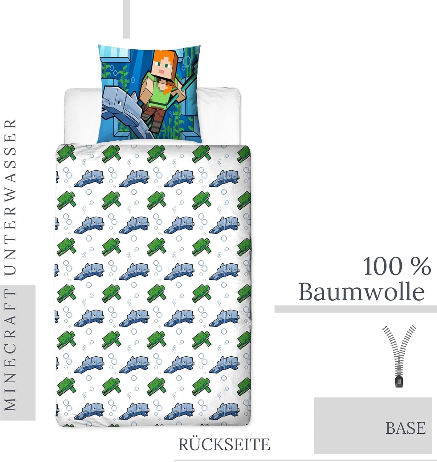 Minecraft Sengetøj Kinderbettwäsche Jugendbettwäsche 135X200 · Unterwasserwelt · Wende Motiv · Kissenbezug 80X80 + Bettbezug 135X200 Cm · 100% Baumwolle · Deutsche Größe Naty Shop
