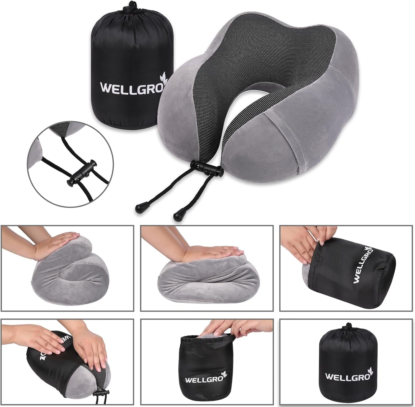 WELLGRO Nakkepudesæt med 3D-søvnmaske og ørepropper - Aftageligt betræk - Memory Foam - Lynlåslukning - Inklusiv opbevaringstaske - Rejsepude - Farvevalgbar, Farve:Grå Cervikal ortopædiske puder Naty Shop