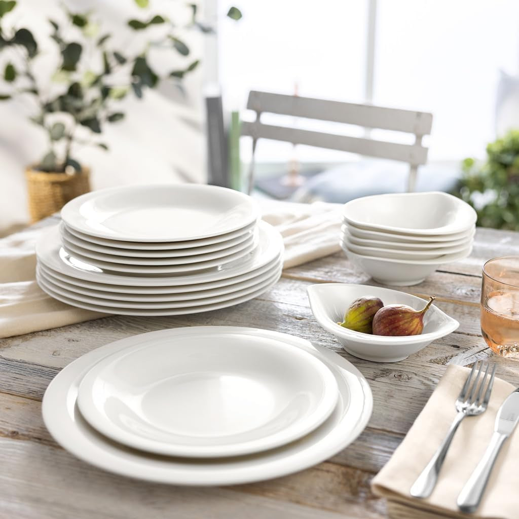 vivo - Villeroy & Boch Group – Essential White Dinner Set 18 tlg. Weiß, Spülmaschinenfest, Mikrowellensicher, Geschirr Set for 6 Personen, Müslischalen, Speiseteller, Dessertteller, Premium Porzellan