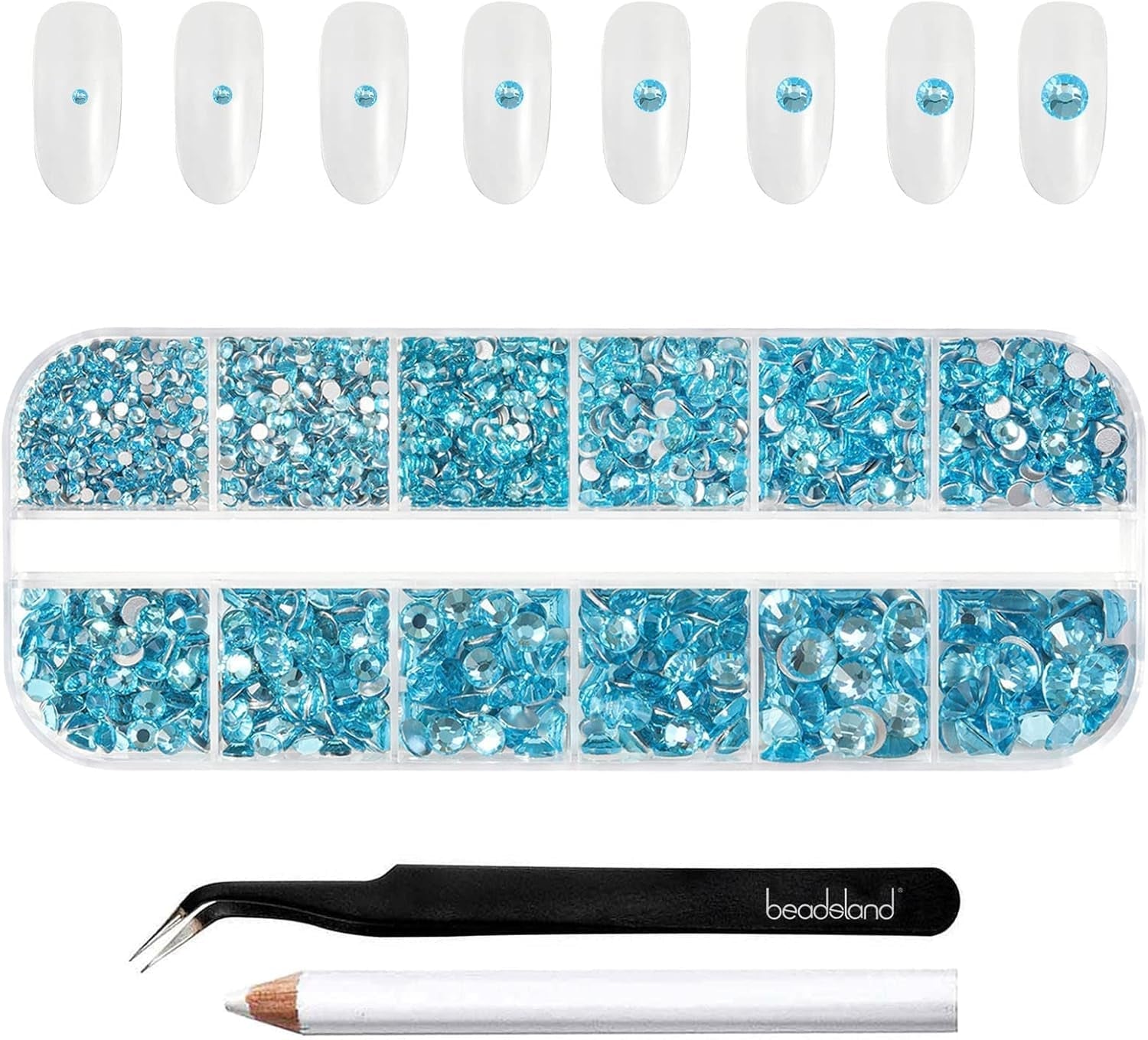 Beadsland 2500 stk Glas Nailart Strasssteine ​​​​Kristall Flatback Edelsteine ​​​​Runde, ​​Für Handwerk Gemischt 8 Größen SS4 ~ SS30 Mit Picking Pinzette Und Stift (Kristall Weiss)