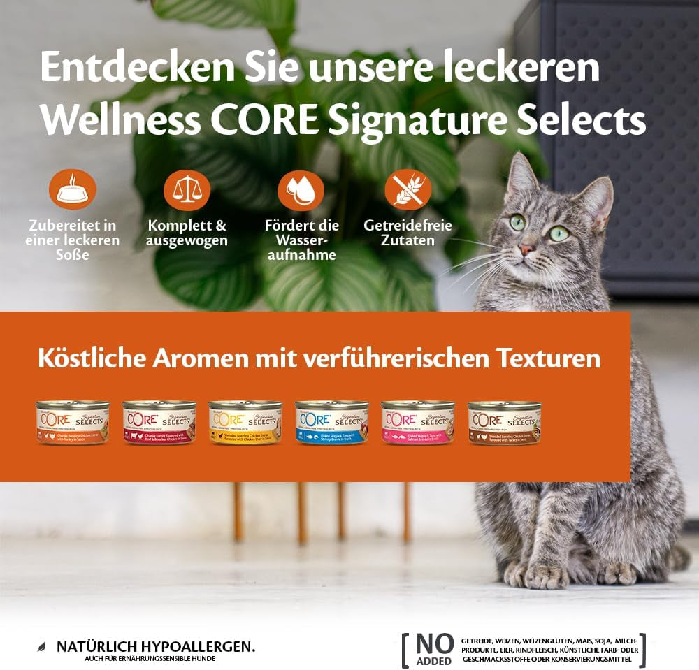 Wellness CORE Signature Selects 8 x 79 g, kylling og kalkunblanding - våd kattefoder, lækre strimler i sauce, kornfri, naturlig, allergivenlig, høj i protein, høj i kød