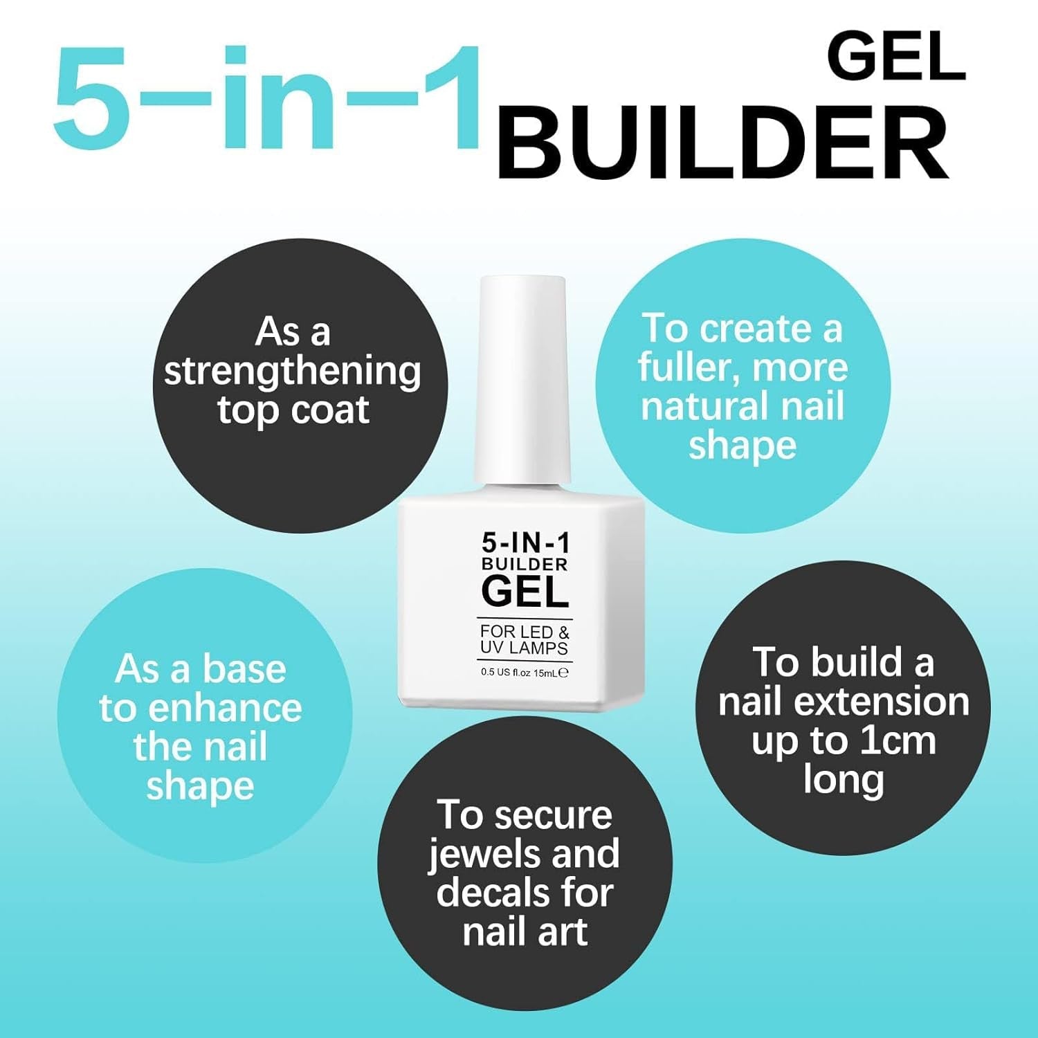 Builder 5 i 1 Builder Gel 15ml, Nail Builder Gel, Nail Builder Gel, UV/LED Nail Extension Neglelak, Extensions, Nail Art, Stickers, Gel Nail Builder Gel (hvid)