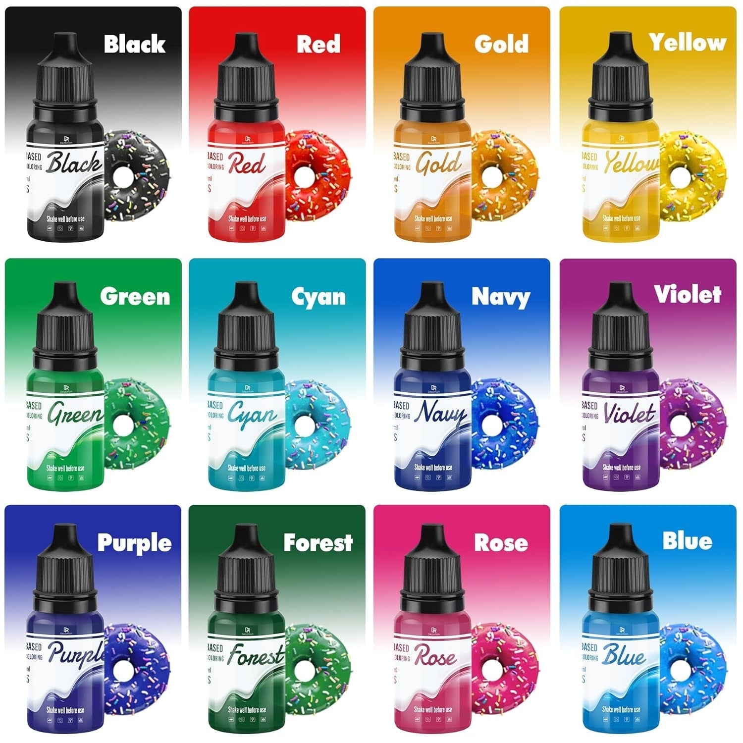 Fedtopløselig chokolade madfarve - 12 farver oliebaseret madfarve til fondant, kagepynt, bagning - flydende madfarve til kakaosmør, smørcreme, kager - 10 ml hver